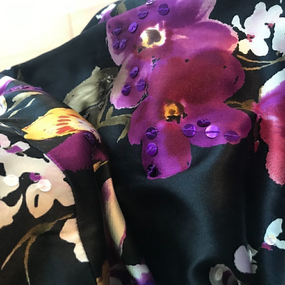 Papell Boutique Evening Black Silk Floral V Neck Dress  Size 4P - Picture 3 of 5